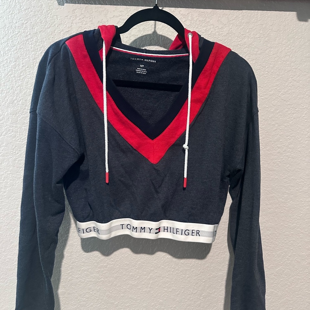 Tommy Hilfiger Red and Gray V-Neck Hoodie